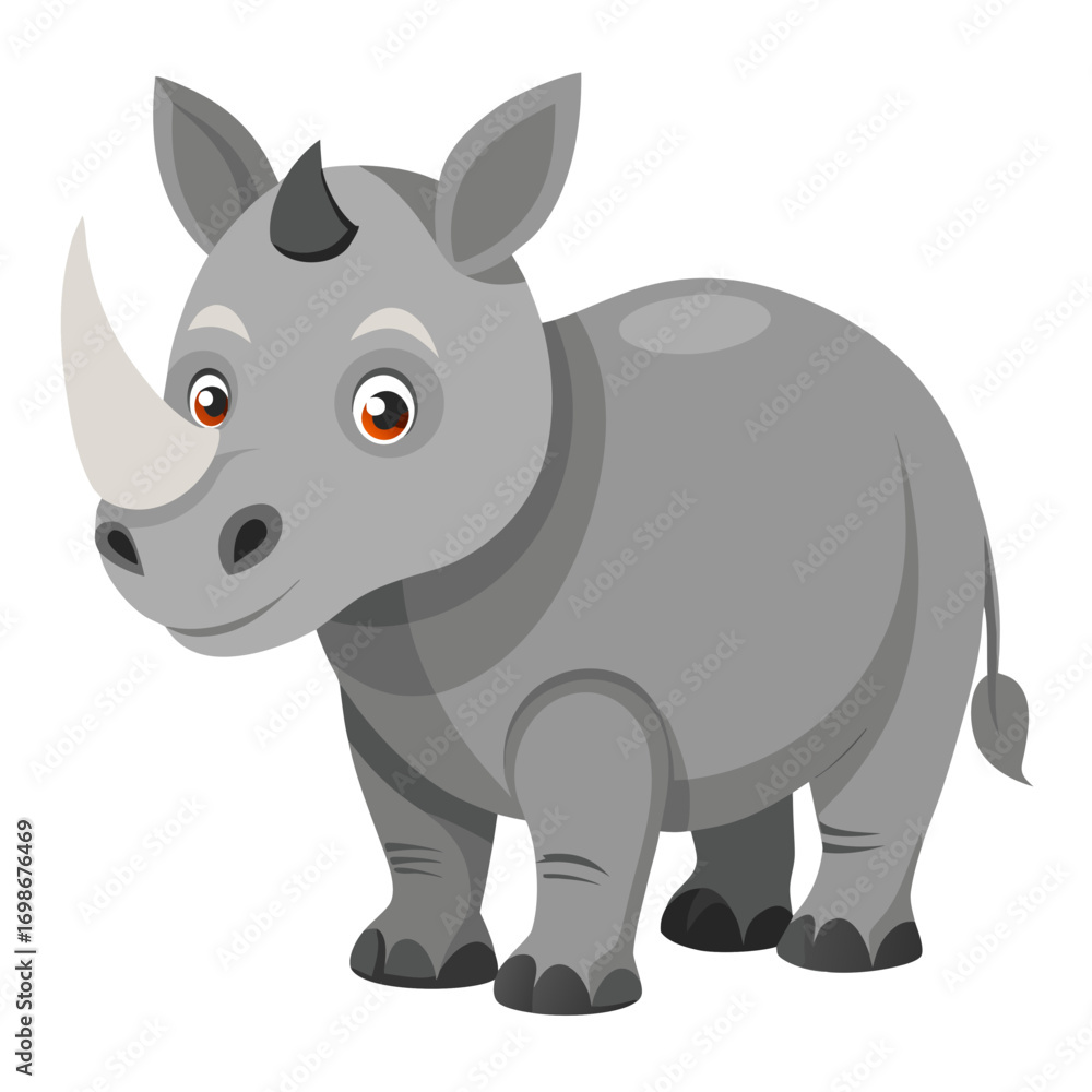 Naklejka premium Adorable cartoon rhino illustration perfect for children's books, educational materials, or playful designs, sparking joy and curiosity about wildlife, a whimsical animal character