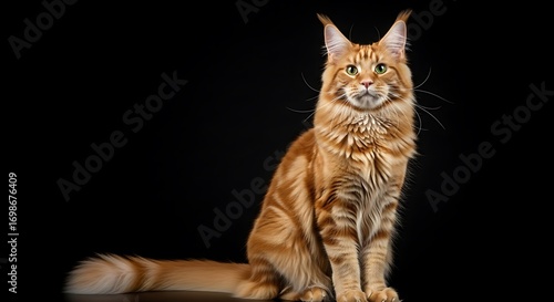 Majestic Red Maine Coon Cat Studio Portrait Against Black Background