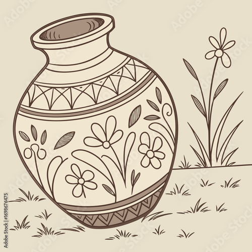 Handdrawn vase with floral pattern and a flower isolated on beige background