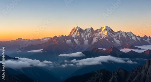 Majestic Mountain Peaks Illuminated by Golden Sunrise Above Layered Clouds