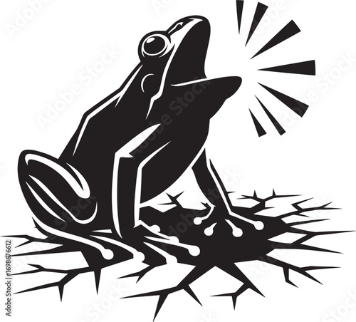 Black silhouette of a frog croaking with radiating sound lines on a cracked ground surface