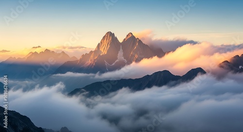 Majestic Mountain Peaks Illuminated by Golden Sunrise Above a Sea of Clouds