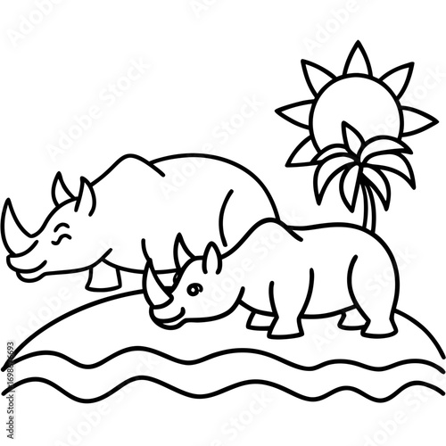 Whimsical rhino family enjoying sunny island life, perfect for children's book illustrations and educational resources, cheerful and bright, originally a scalable vector graphic