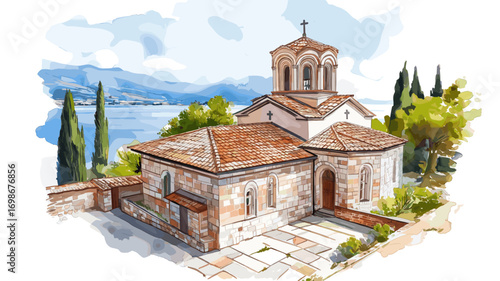 Saint John at Kaneo. Saint John at Kaneo watercolor vector illustration