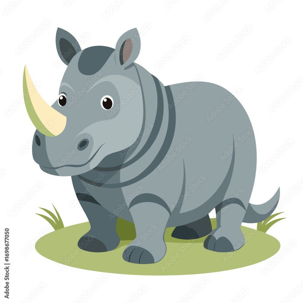 Fototapeta premium Adorable rhino cartoon character standing on grassy ground, a cute illustration for children's books and educational materials, perfect for wildlife conservation campaigns and zoo promotions