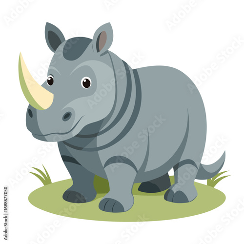 Adorable rhino cartoon character standing on grassy ground, a cute illustration for children's books and educational materials, perfect for wildlife conservation campaigns and zoo promotions