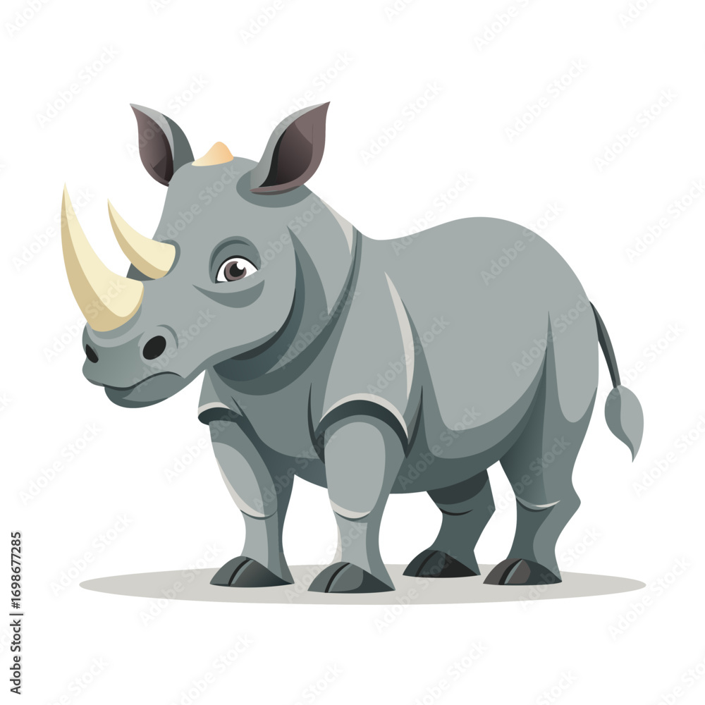 Naklejka premium Cartoon rhino illustration, ready for your educational project or wildlife campaign, showcasing animal conservation efforts and promoting awareness of endangered species, vector graphic