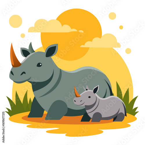 Adorable rhino family basking under the African sun, a charming wildlife scene perfect for educational materials and conservation campaigns, radiating warmth and the beauty of nature
