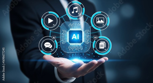 AI Chip Hologram with Five Multimodal Icons in Hand – Generative AI Concept