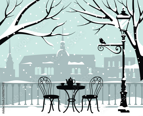 Snow-Covered Winter Cityscape Vector with Open-Air Café, Lamppost, Crow, and European Architecture. Perfect for Seasonal, Holiday, and Travel-Themed Design Projects