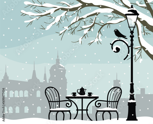 Snow-Covered Winter Cityscape Vector with Open-Air Café, Lamppost, Crow, and European Architecture. Perfect for Seasonal, Holiday, and Travel-Themed Design Projects