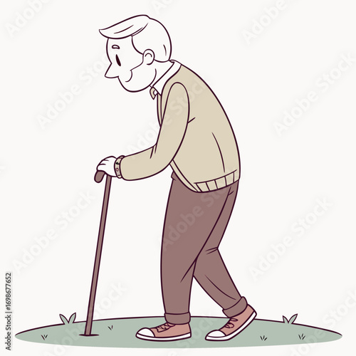 Senior man strolling, aged individual with stick, fun cartoon elder character graphic. Great for wellness projects, senior care visuals, and life stage designs, suitable for healthcare decor.
