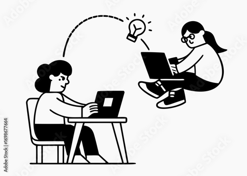 Coworking work doodle, people using laptop, business project teamwork illustration. Creative solution process, idea exchange, online office, remote collaboration. Teamwork doodle
