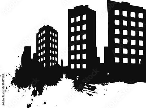 Urban skyline silhouette, city buildings splash, vector black grunge paint stain illustration. Abstract messy ink blotch, street art design element. Cityscape skyline