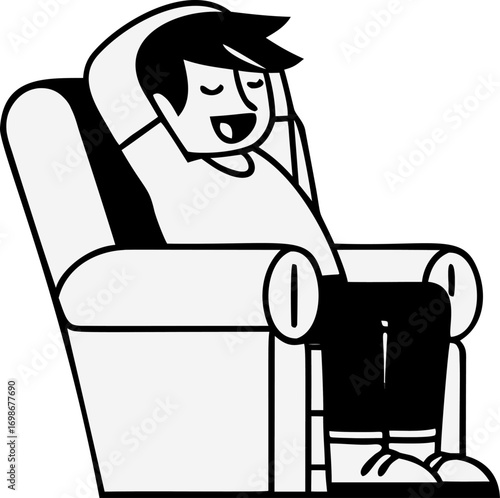Man relaxing, person resting in armchair, cartoon style comfort illustration. Perfect for home decor, leisure art, and cozy design, ideal for living room print.