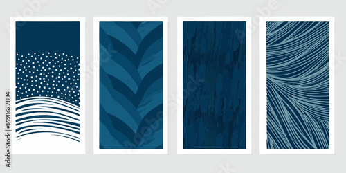 Abstract blue art collection featuring four vertical panels with diverse textured patterns