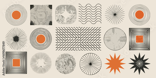 Abstract geometric shapes and patterns with a minimalist aesthetic and retro feel
