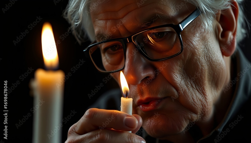 Fototapeta premium Elderly man lighting candle with focused expression indoors 