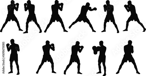 Boxing silhouette poses, male fighters in different stances, punching, defense, training, sparring, combat sports, martial arts, exercise, athletic movement