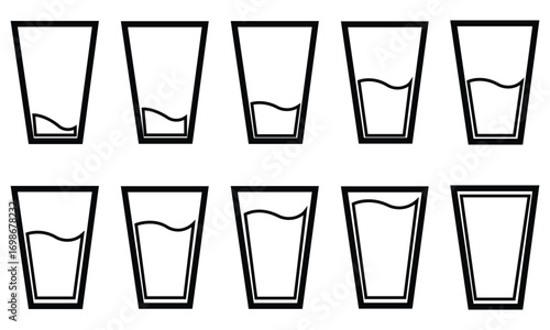 “Water Glass Icons Set – Empty, Half and Full Drink Symbols with Beverage, Wine, Cocktail and Beer Glass Collection Vector Illustration”