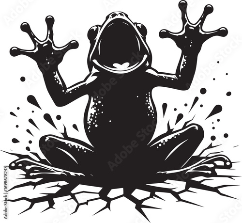 Intense frog leaping out of cracked earth with water splashes dynamic action shot