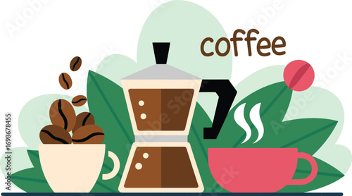 Warm cup of coffee and beans with a vintage percolator, evoking a cozy morning.