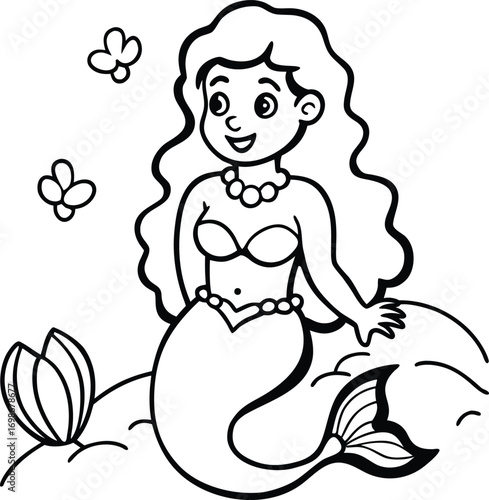 Cute children's cartoon illustration of a little girl playing with a ball, a big apple, and a cat, perfect for a funny coloring book or clip-art