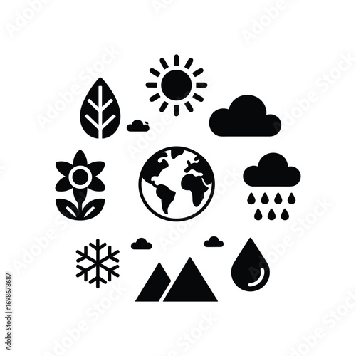 Nature elements icons arranged in circle representing earth's diverse climate and seasons