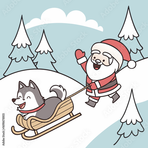 Scene of Santa Claus on sleigh pulled by husky dog ​​in snowy landscape.