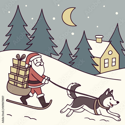 Scene of Santa Claus on sleigh pulled by husky dog ​​in snowy landscape.