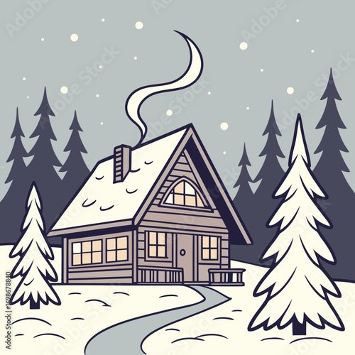 Cozy cottage with smoke coming out of the chimney, surrounded by snow-covered pine trees.