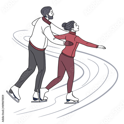 Man and woman ice skating, isolated on white background.