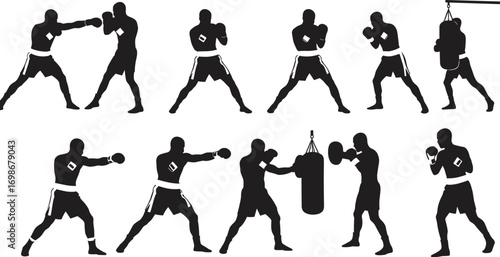 Boxing silhouettes, fighters training and sparring, punching bag workout, boxing gloves, martial arts exercise, fighting stances, combat sports illustration