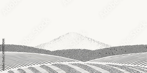 Minimalist black and white line art drawing of rolling hills and a dotted mountain peak