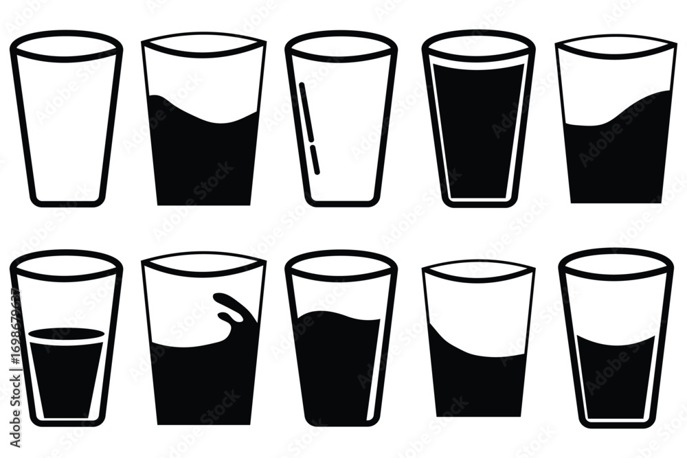 “Water Glass Icons Set – Empty, Half and Full Drink Symbols with Beverage, Wine, Cocktail and Beer Glass Collection Vector Illustration”