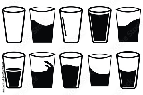 “Water Glass Icons Set – Empty, Half and Full Drink Symbols with Beverage, Wine, Cocktail and Beer Glass Collection Vector Illustration”