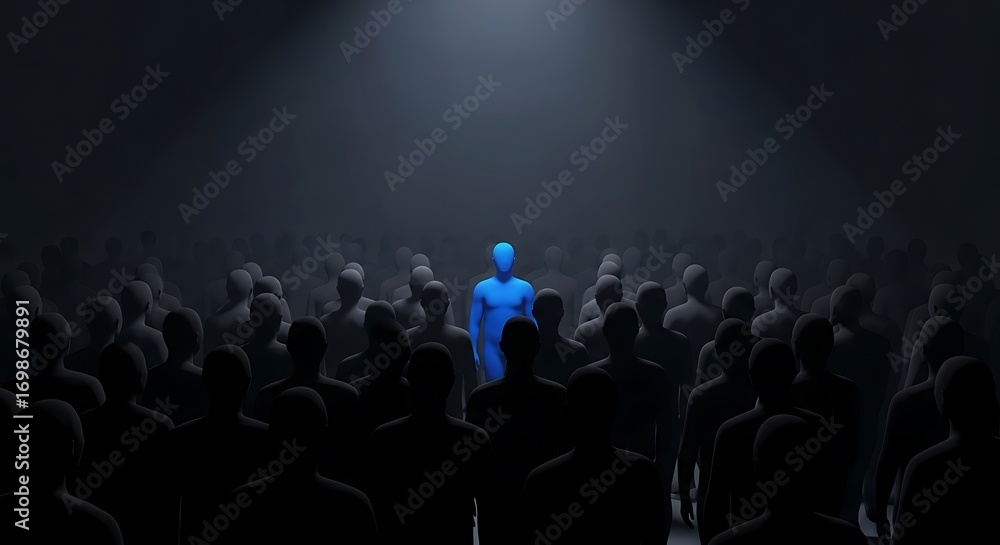 Obraz premium Illuminated Blue Figure Stands Out Amidst Dark, Anonymous Crowd