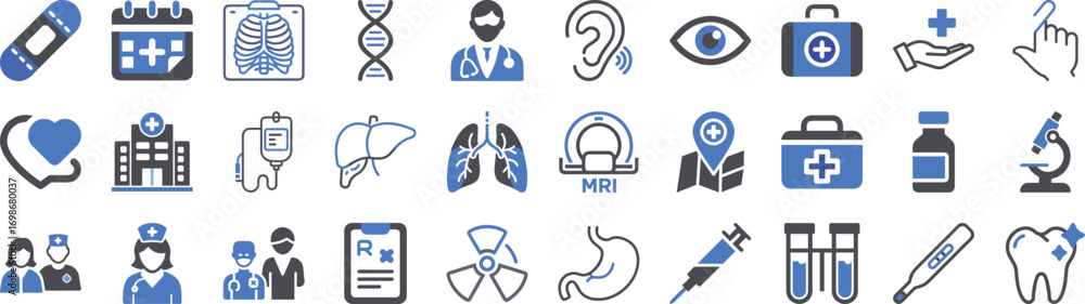 Fototapeta premium Comprehensive hospital and medical icons collection for healthcare and science communication projects vector