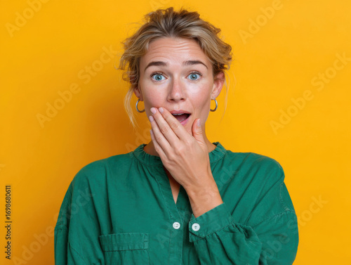 Shocked woman covering mouth with hand on yellow background