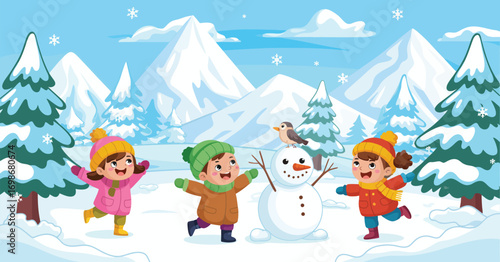 Winter Kids Vector Illustration Featuring Boy and Girl Playing with Snowballs. Funny Cartoon Characters Perfect for Christmas Cards, Holiday Designs, and Seasonal Winter Themes