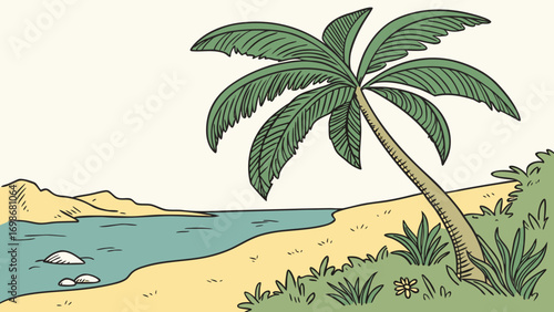 Illustration of a palm tree on a beach with ocean, dunes, and vegetation in a cartoon style scene