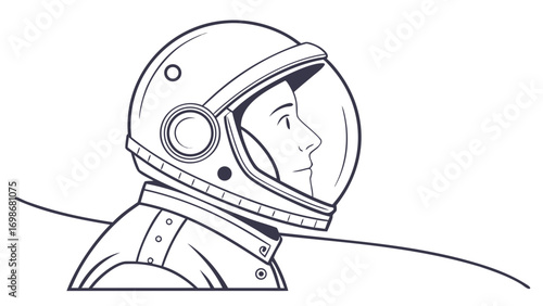 Illustration of an astronaut in a spacesuit with a helmet and a clear visor looking to the side view on white