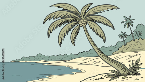 Illustration of a beach scene with palm trees and tropical foliage on a sunny day near the ocean