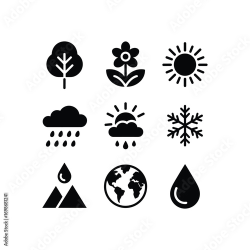 Collection of weather and nature icons representing seasons and elements climate change