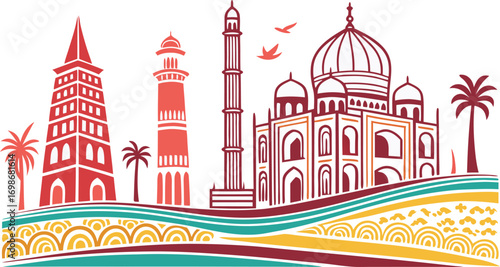 Vibrant India skyline illustration showcasing architecture, culture, and travel destinations