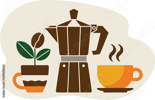 Cozy morning coffee ritual with vintage percolator and fresh bean sprout