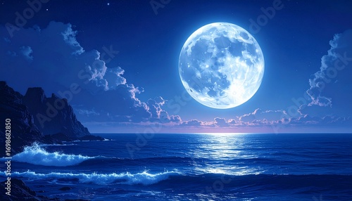 Majestic nighttime seascape featuring a luminous full moon over tranquil ocean waters