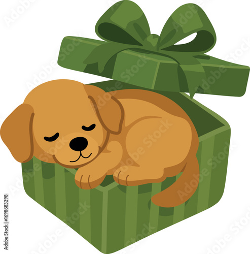 Cute cartoon puppy sleeping inside a green gift box with ribbon, perfect for holiday cards, children’s designs, pet themes, and festive creative projects.