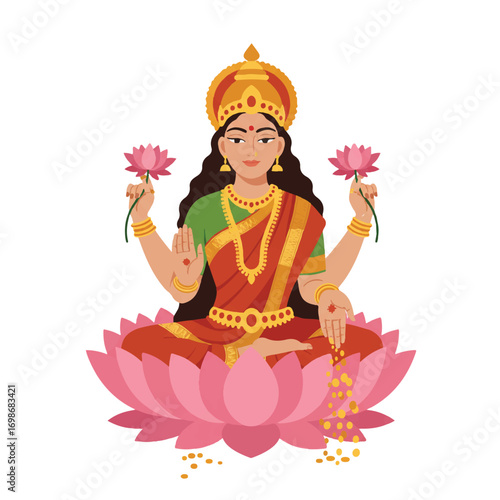Flat 2D vector illustration of Goddess Lakshmi gracefully holding pink lotus flowers, symbolizing prosperity and purity, on a clean minimal white background.