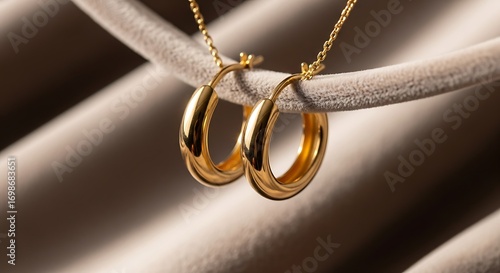 Golden hoop earrings with chain on velvet display, soft light and elegant jewelry
